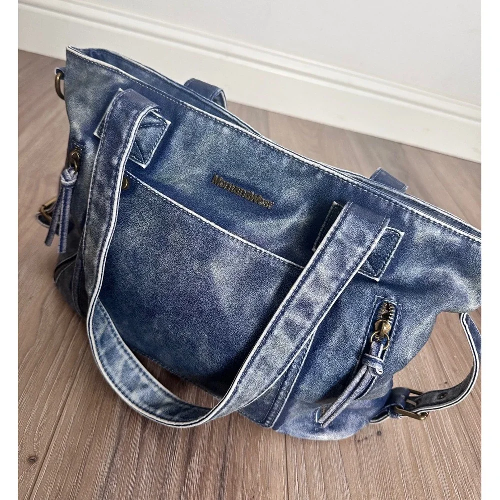 Montana West Blue Distressed Vegan Leather Shoulder Bag Western Tote Boho